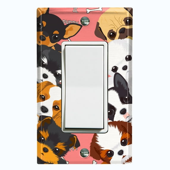 Metal Light Switch Plate Outlet Cover (Cute Tcup Dog Pink - Single Rocker)