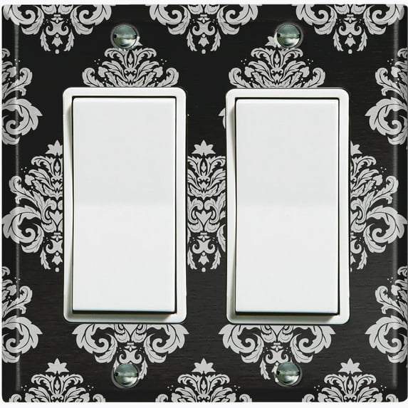 Metal Light Switch Plate Outlet Cover (Damask Black - Double Rocker)