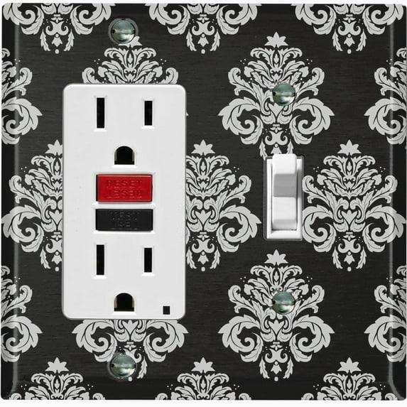 Metal Light Switch Plate Outlet Cover (Damask Black - Single Rocker Single Toggle)