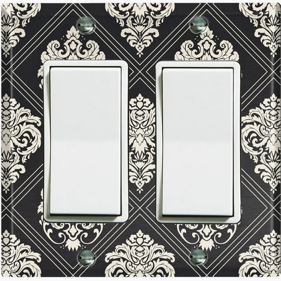 Metal Light Switch Plate Outlet Cover (Damask Diamond Black Pattern - Double Rocker)