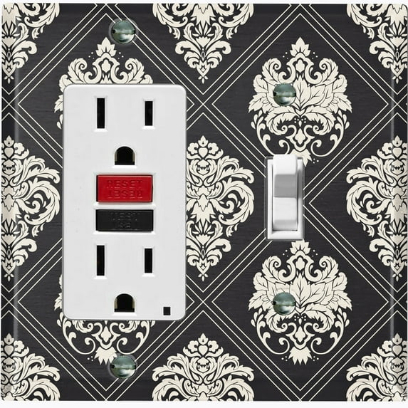 Metal Light Switch Plate Outlet Cover (Damask Diamond Black Pattern - Single Rocker Single Toggle)