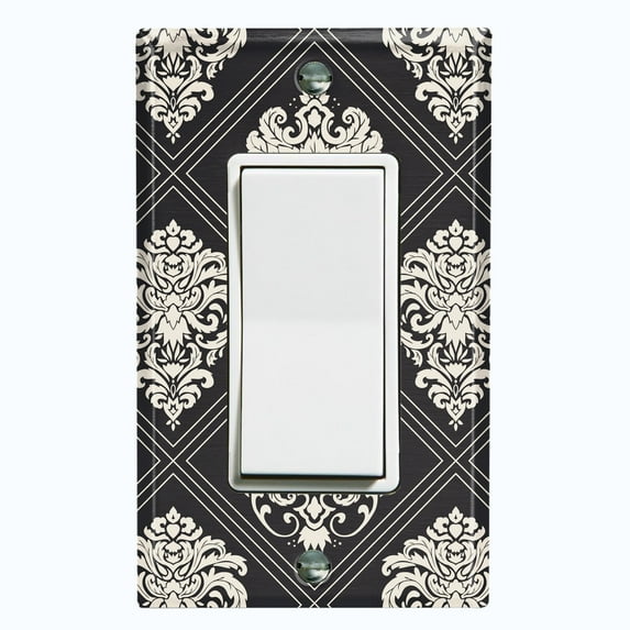 Metal Light Switch Plate Outlet Cover (Damask Diamond Black Pattern - Single Rocker)