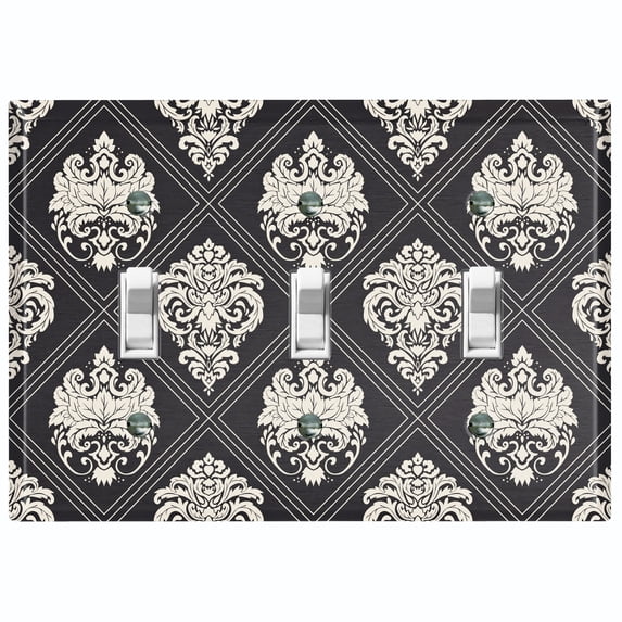 Metal Light Switch Plate Outlet Cover (Damask Diamond Black Pattern - Triple Toggle)