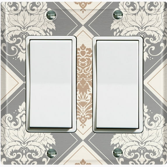 Metal Light Switch Plate Outlet Cover (Damask Diamond Tan Two Tone Pattern - Double Rocker)
