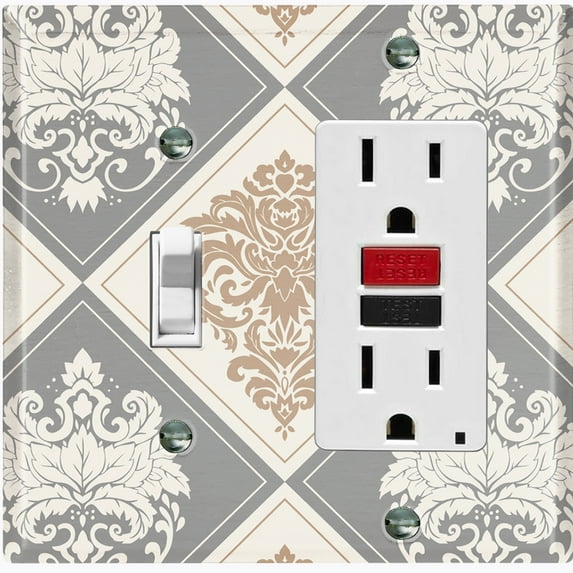Metal Light Switch Plate Outlet Cover (Damask Diamond Tan Two Tone Pattern - Single Toggle Single Rocker)