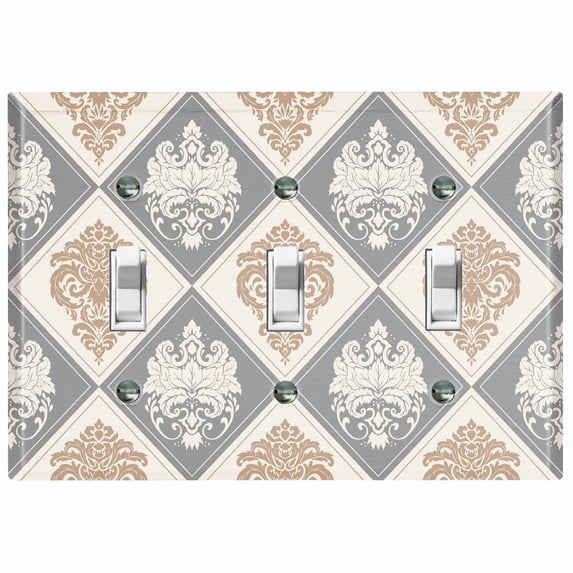 Metal Light Switch Plate Outlet Cover (Damask Diamond Tan Two Tone Pattern - Triple Toggle)