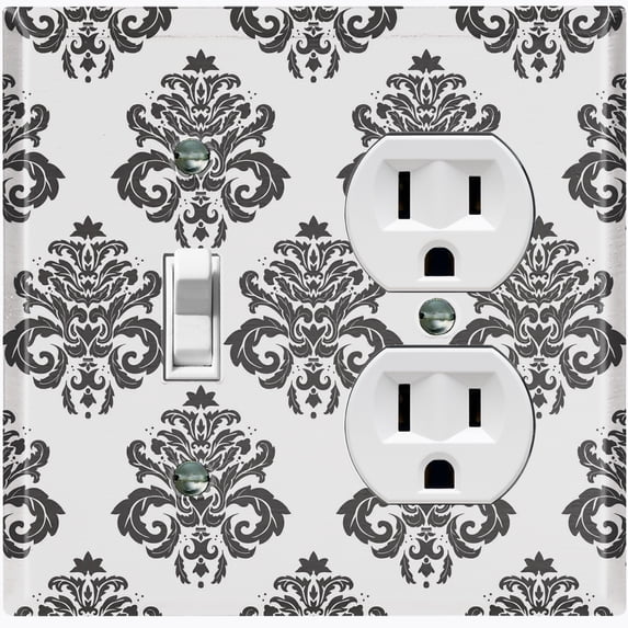 Metal Light Switch Plate Outlet Cover (Damask Gray - Single Toggle Single Duplex)