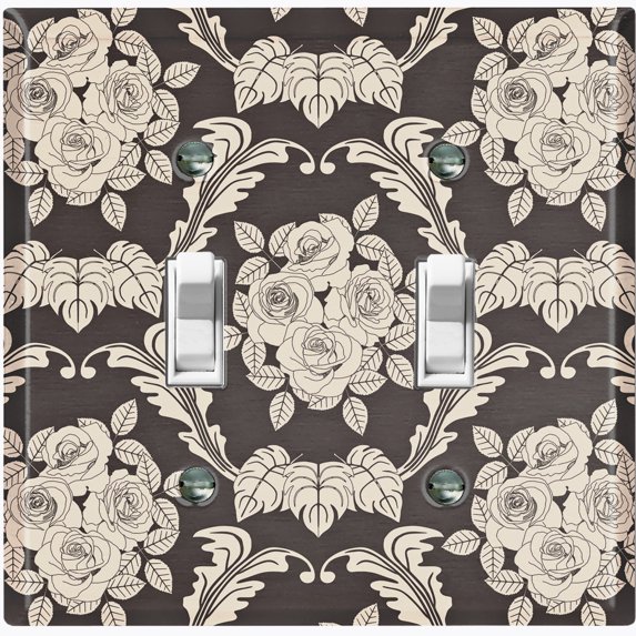 Metal Light Switch Plate Outlet Cover (Damask Rose Black - Double Toggle)