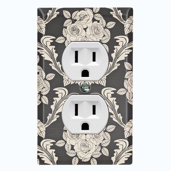 Metal Light Switch Plate Outlet Cover (Damask Rose Black - Single Duplex)
