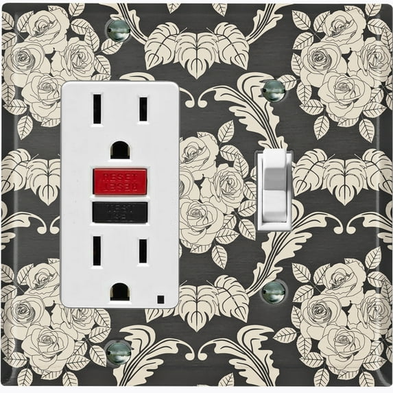 Metal Light Switch Plate Outlet Cover (Damask Rose Black - Single Rocker Single Toggle)