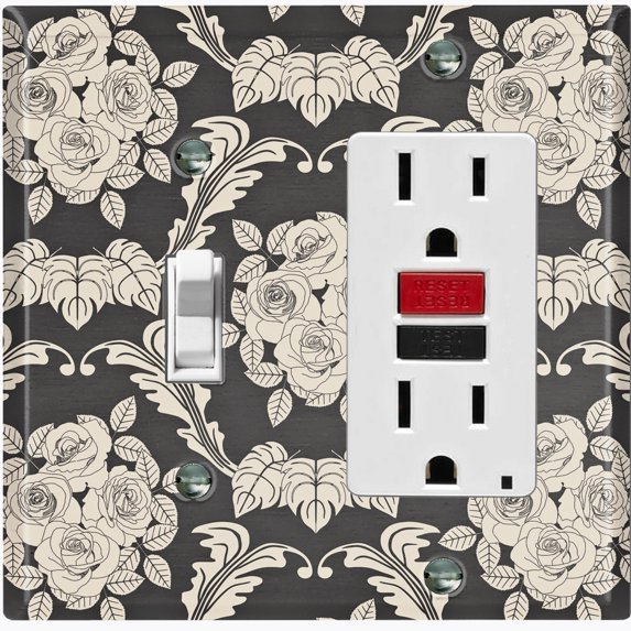 Metal Light Switch Plate Outlet Cover (Damask Rose Black - Single Toggle Single Rocker)