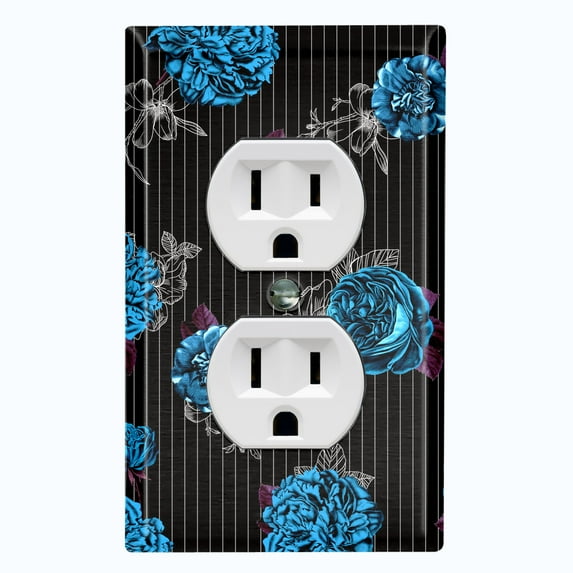 Metal Light Switch Plate Outlet Cover Dark Blue Roses Black Pinstripe Wallpaper ROS043
