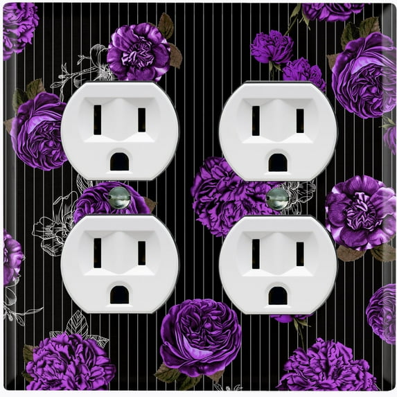 Metal Light Switch Plate Outlet Cover Dark Purple Roses Black Pinstripe Wallpaper ROS044