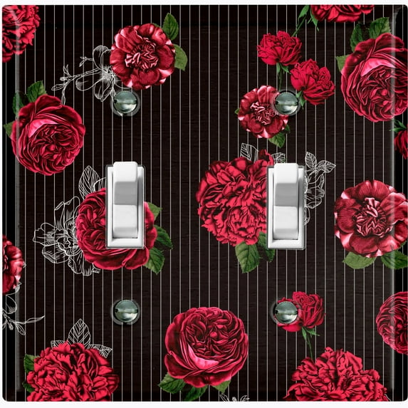 Metal Light Switch Plate Outlet Cover Dark Red Roses Black Pinstripe Wallpaper ROS042
