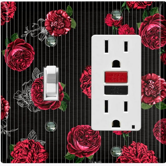 Metal Light Switch Plate Outlet Cover Dark Red Roses Black Pinstripe Wallpaper ROS042
