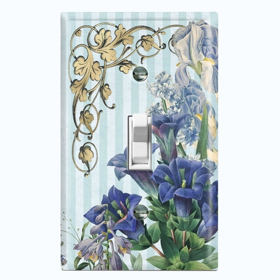 Metal Light Switch Plate Outlet Cover Elegant Blue Floral Striped Damask FLW069