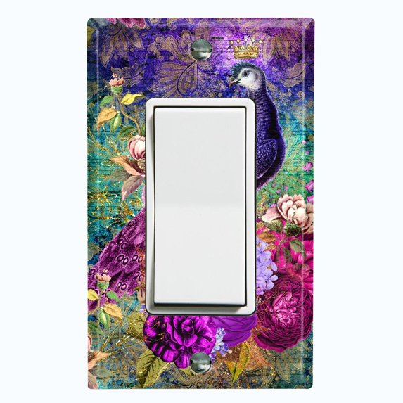 Metal Light Switch Plate Outlet Cover Elegant Peacock Floral Music Damask Purple PEA020