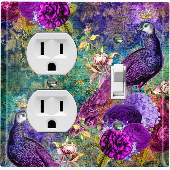 Metal Light Switch Plate Outlet Cover Elegant Peacock Floral Music Damask Purple PEA020