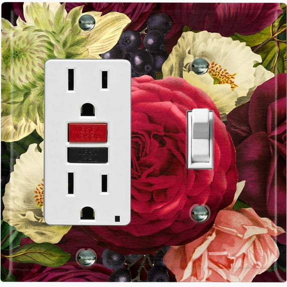 Metal Light Switch Plate Outlet Cover Elegant Red White Rose Bouquet Wallpaper ROS022