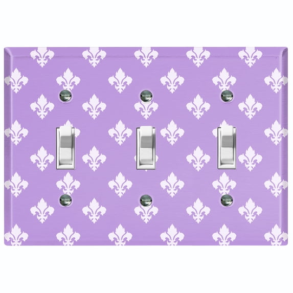 Metal Light Switch Plate Outlet Cover (Fleur De Lis Purple Pastel Pattern - Triple Toggle)