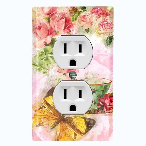 Metal Light Switch Plate Outlet Cover Flower Rose Teacup ROS005