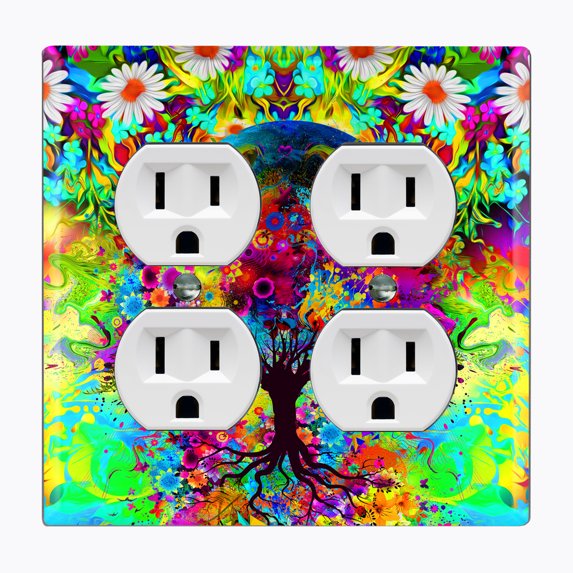 Metal Light Switch Plate Outlet Cover (Flower Tree - Double Duplex)