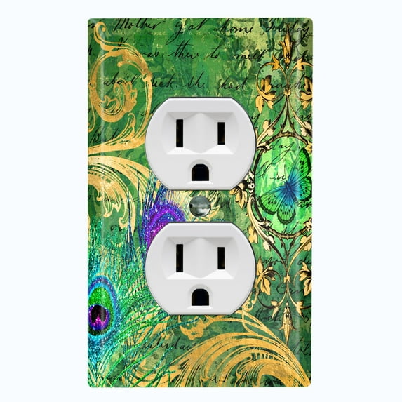 Metal Light Switch Plate Outlet Cover Green Peacock Feather Butterfly Damask PEA002