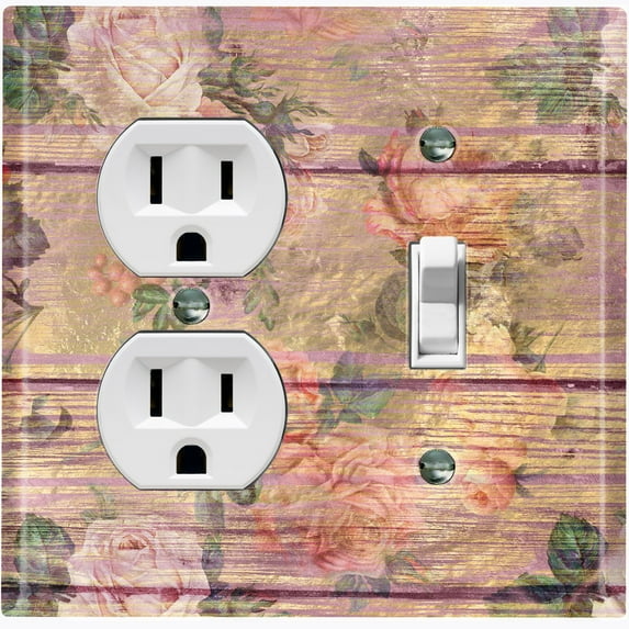 Metal Light Switch Plate Outlet Cover (Image of Brown Wood Fence White Rose FEN012)