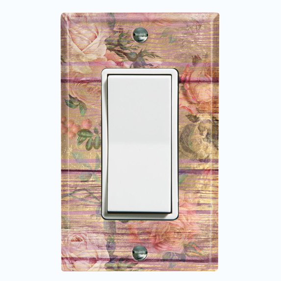 Metal Light Switch Plate Outlet Cover (Image of Brown Wood Fence White Rose FEN012)