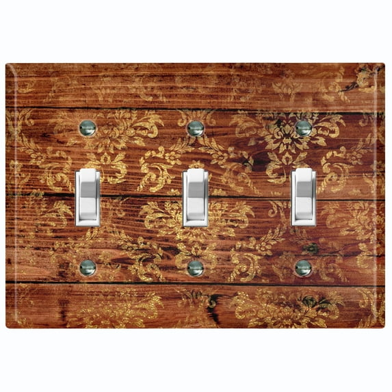 Metal Light Switch Plate Outlet Cover Image of Wooden Wall Damask Brown WOD016