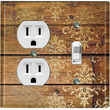 Metal Light Switch Plate Outlet Cover Image of Wooden Wall Damask Tan WOD015
