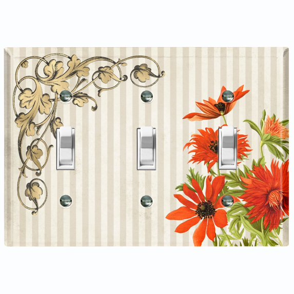 Metal Light Switch Plate Outlet Cover Orange Sunflower Striped Damask Tan FLW072