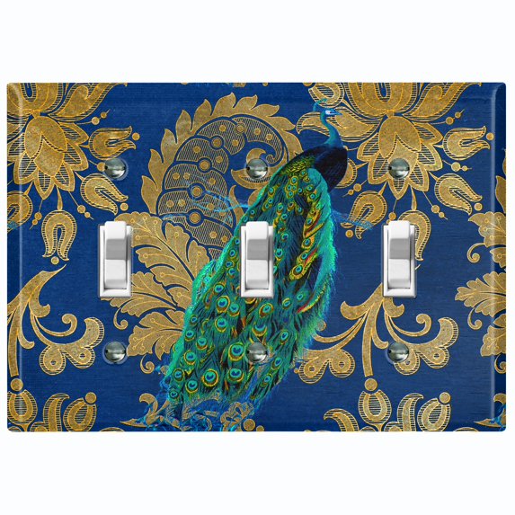 Metal Light Switch Plate Outlet Cover Peacock Blue Silk Damask PEA008