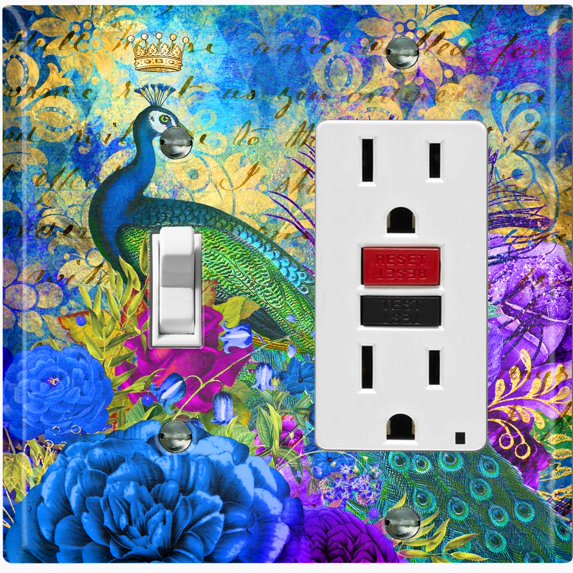 Metal Light Switch Plate Outlet Cover Peacock Crown Flower Damask PEA004