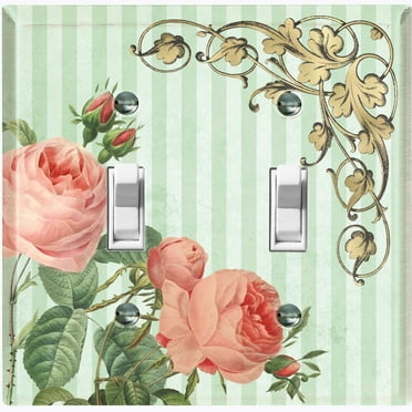 Metal Light Switch Plate Outlet Cover Pink Flower Teal Stripe Damask FLW068