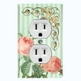 thumbnail image 1 of Metal Light Switch Plate Outlet Cover Pink Flower Teal Stripe Damask FLW068, 1 of 13