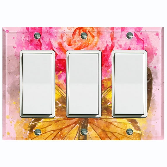 Metal Light Switch Plate Outlet Cover Pink Rose Flower Butterfly ROS003