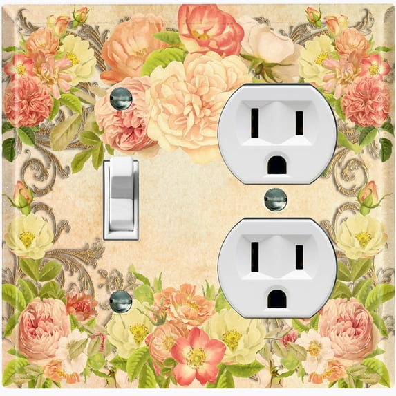 Metal Light Switch Plate Outlet Cover Pink Rose Frame Wallpaper ROS023