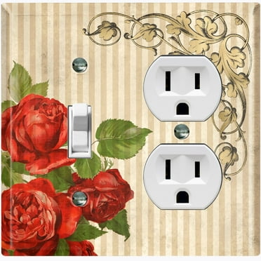 Metal Light Switch Plate Outlet Cover Red Rose Striped Damask Tan FLW067