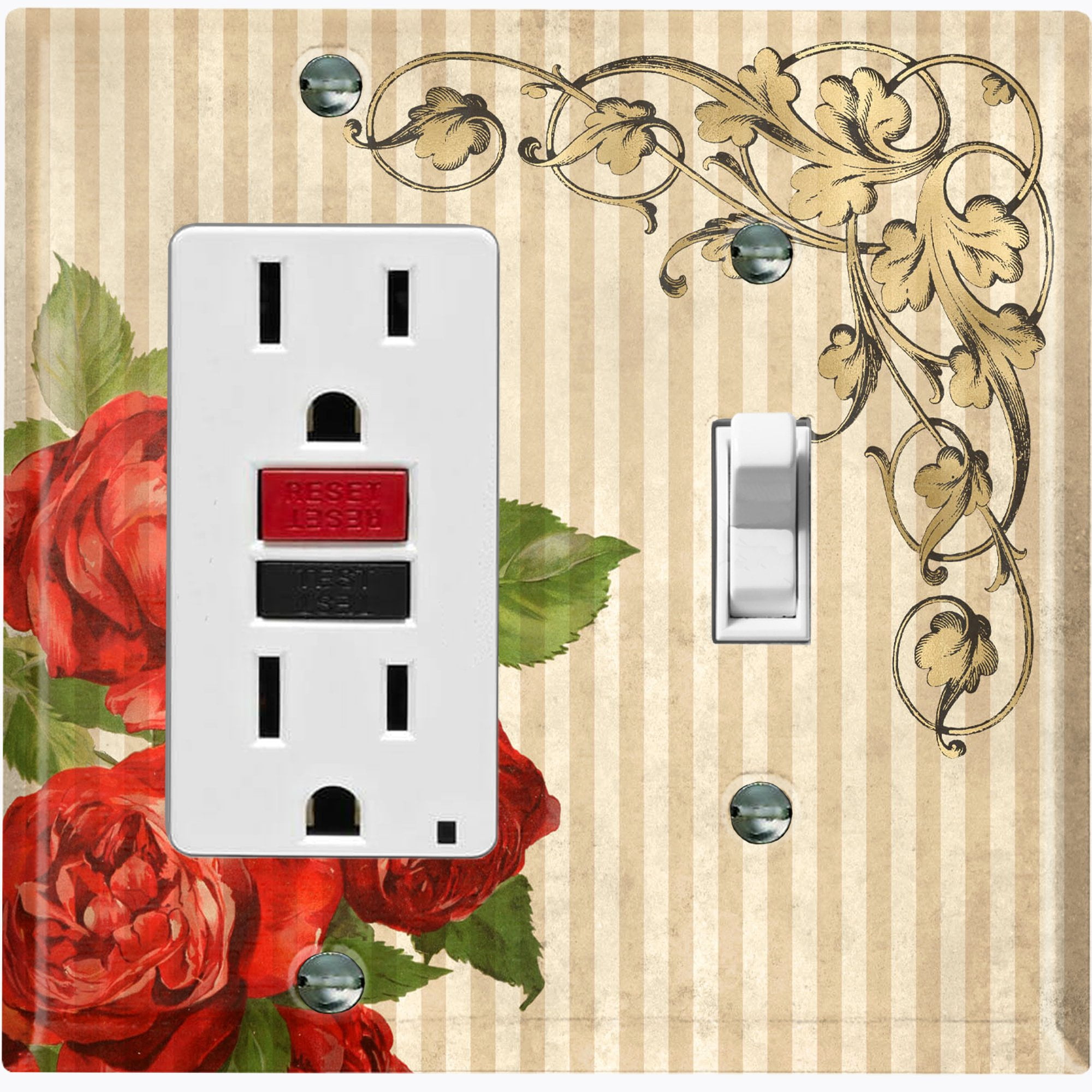 Socket Outlets Rose Metal Light Switch Plate Outlet Cover Red Rose Striped Damask Tan ...