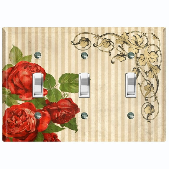 Metal Light Switch Plate Outlet Cover Red Rose Striped Damask Tan FLW067