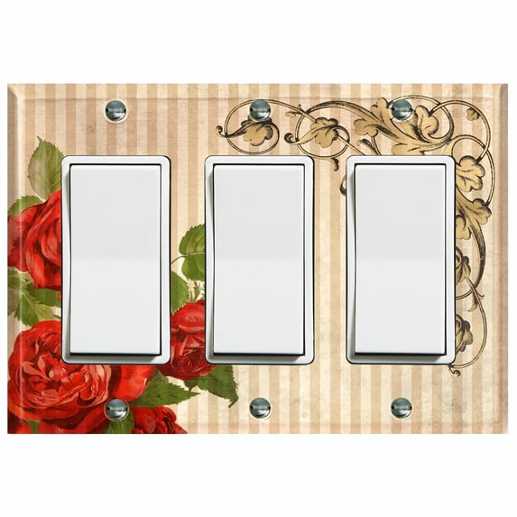 Metal Light Switch Plate Outlet Cover Red Rose Striped Damask Tan FLW067
