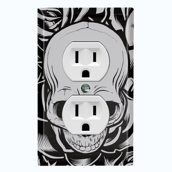 Metal Light Switch Plate Outlet Cover Skull Rose Flower Gray SKL001