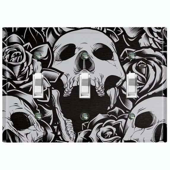 Metal Light Switch Plate Outlet Cover Skull Rose Flower Gray SKL002
