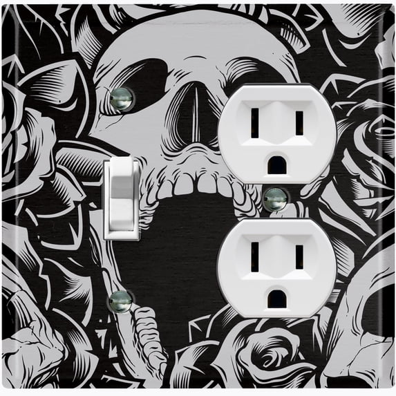 Metal Light Switch Plate Outlet Cover Skull Rose Flower Gray SKL002