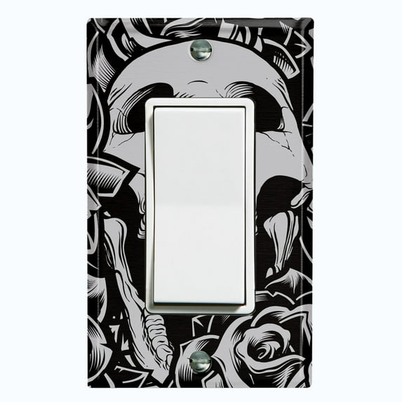 Metal Light Switch Plate Outlet Cover Skull Rose Flower Gray SKL002