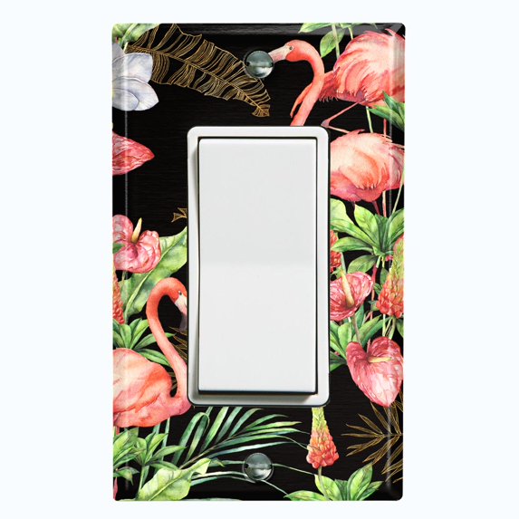 Metal Light Switch Plate Outlet Cover Tropical Pink Flamingo Flower Leaves Black FGO005