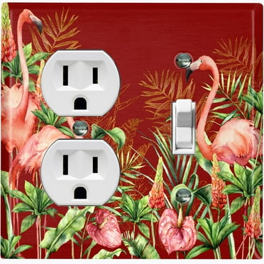 Metal Light Switch Plate Outlet Cover Tropical Pink Flamingo Flower Leaves Burgundy FGO009