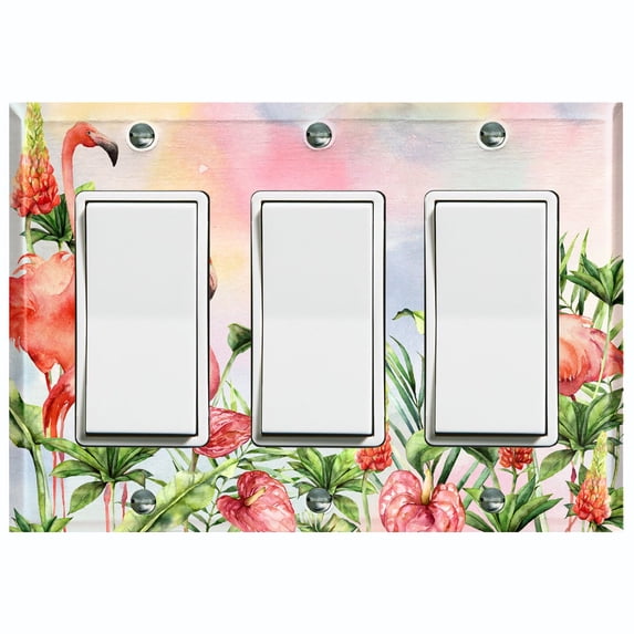 Metal Light Switch Plate Outlet Cover Tropical Pink Flamingo Flower Leaves Rainbow FGO007