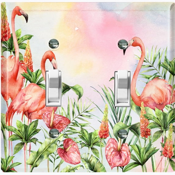 Metal Light Switch Plate Outlet Cover Tropical Pink Flamingo Flower Leaves Rainbow FGO007